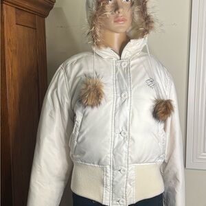 1990’s RocaWear White Winter Puffer Jacket with Fur Trim Hood & Pom-Poms Medium